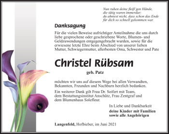 Traueranzeige von Christel Rübsam von Südthüringer Presse