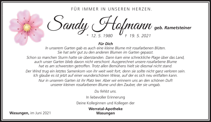  Traueranzeige für Sandy Hofmann vom 12.06.2021 aus Südthüringer Presse