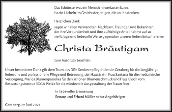 Traueranzeige von Christa Bräuigam von Südthüringer Presse