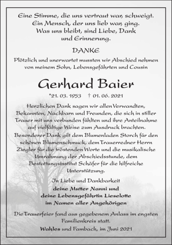 Traueranzeige von Gerhard Baier von Südthüringer Presse