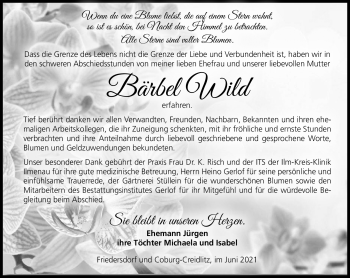 Traueranzeige von Bärbel Wild von Südthüringer Presse