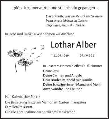 Traueranzeige von Lothar Albert von Frankenpost