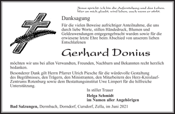 Traueranzeige von Gerhard Donius von Südthüringer Presse