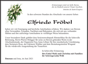 Traueranzeige von Elfriede Fröbel von Südthüringer Presse