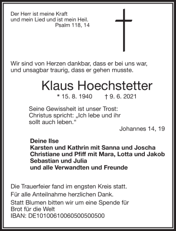 Traueranzeige von Klaus Hoechstetter von Frankenpost