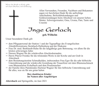 Traueranzeige von Inge Gerlach von Südthüringer Presse
