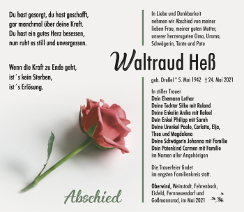 Traueranzeige von Waltraud Heß von Südthüringer Presse
