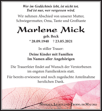 Traueranzeige von Marlene Mick von Südthüringer Presse