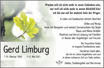 Traueranzeige von Gerd Limburg von Südthüringer Presse
