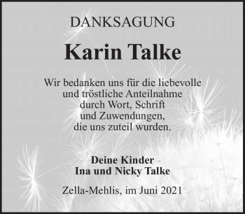Traueranzeige von Karin Talke von Südthüringer Presse