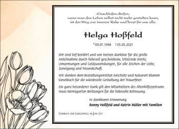 Traueranzeige von Helga Hoßfeld von Südthüringer Presse