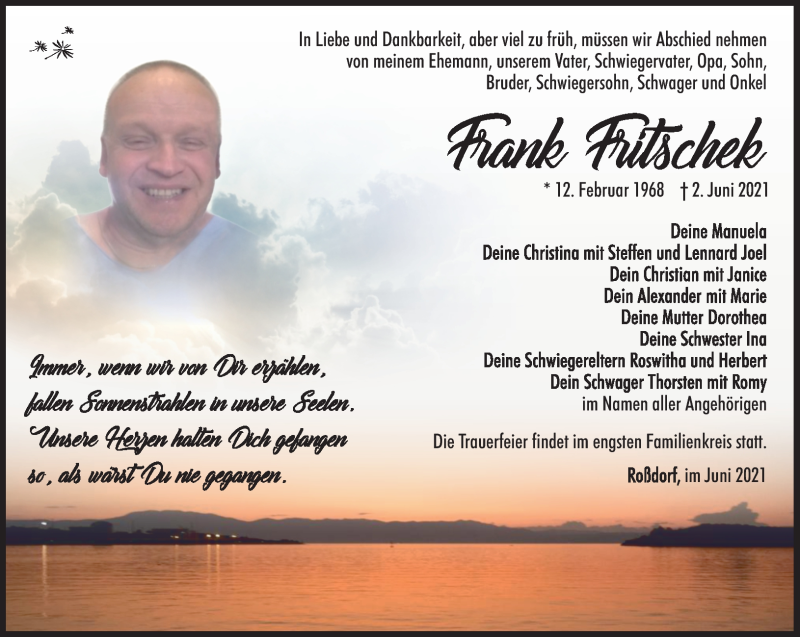  Traueranzeige für Frank Fritschek vom 05.06.2021 aus Südthüringer Presse