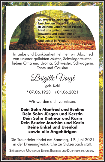 Traueranzeige von Brigitte Voigt von Südthüringer Presse