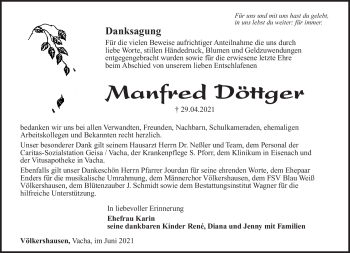 Traueranzeige von Manfred Döttger von Südthüringer Presse