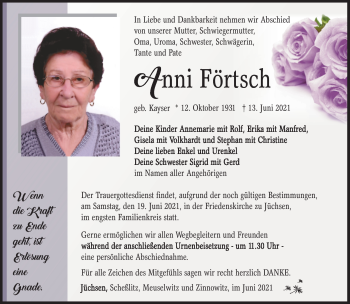 Traueranzeige von Anni Förtsch von Südthüringer Presse