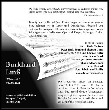 Traueranzeige von Burkhard Linß von Südthüringer Presse