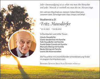 Traueranzeige von Fritz Hausdörfer von Südthüringer Presse