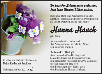 Traueranzeige von Hanna Haack von Südthüringer Presse