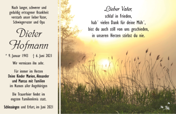 Traueranzeige von Dieter Hofmann von Südthüringer Presse
