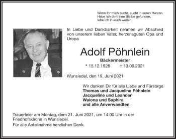 Traueranzeige von Adolf Pöhnlein von Frankenpost