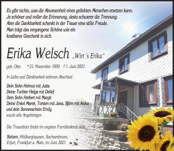 Traueranzeige von Erika Welsch von Südthüringer Presse