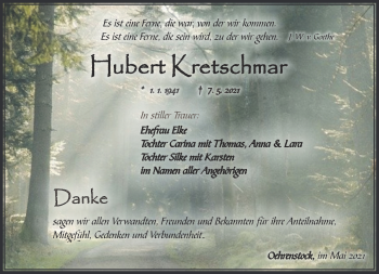 Traueranzeige von Hubert Kretschmar von Südthüringer Presse