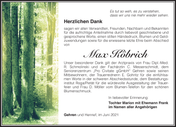 Traueranzeige von Max Köbrich von Südthüringer Presse
