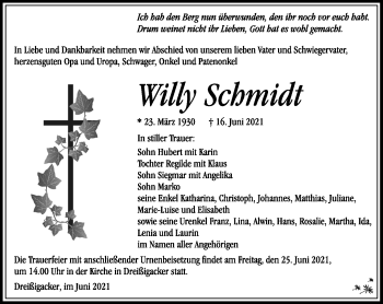 Traueranzeige von Willy Schmidt von Südthüringer Presse