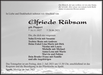 Traueranzeige von Elfriede Rübsam von Südthüringer Presse