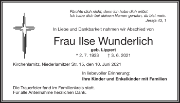 Traueranzeige von Ilse Wunderlich von Frankenpost