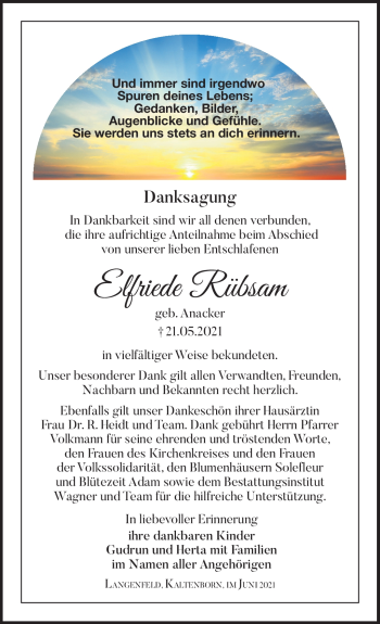 Traueranzeige von Elfriede Rübsam von Südthüringer Presse