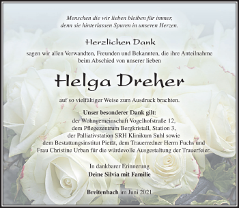 Traueranzeige von Helga Dreher von Südthüringer Presse