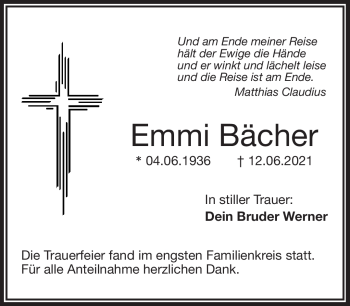 Traueranzeige von Emmi Bächer von Frankenpost