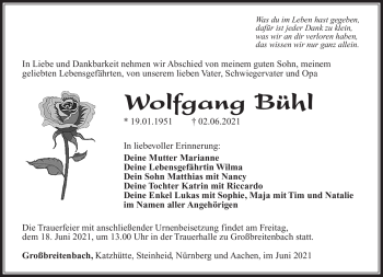 Traueranzeige von Wolfgang Bühl von Südthüringer Presse