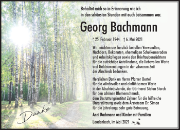 Traueranzeige von Georg Bachmann von Südthüringer Presse