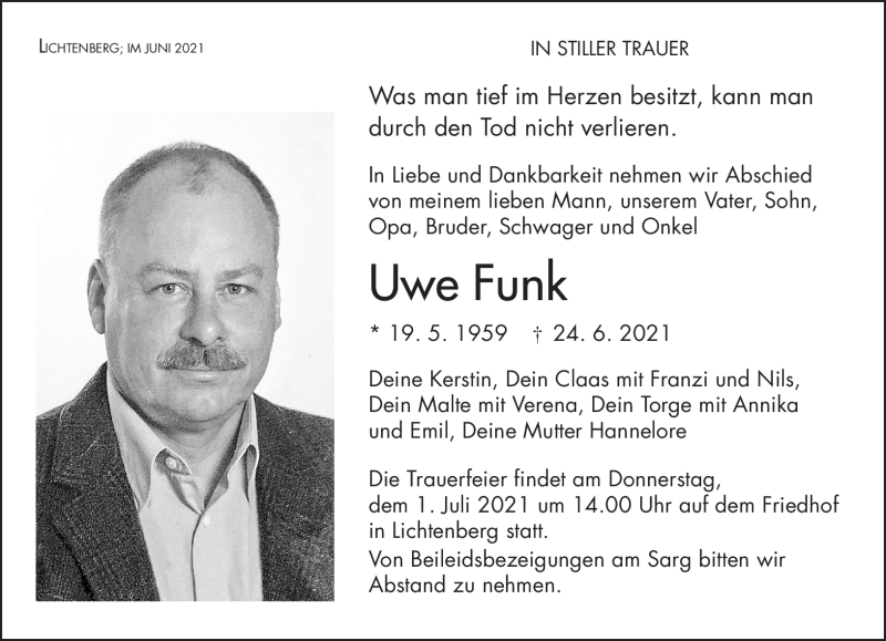  Traueranzeige für Uwe Funk vom 29.06.2021 aus Frankenpost