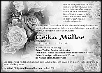Traueranzeige von Erika Müller von Südthüringer Presse