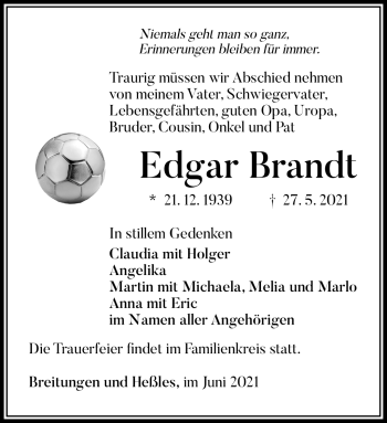 Traueranzeige von Edgar Brandt von Südthüringer Presse
