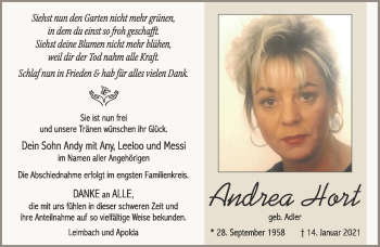 Traueranzeige von Andrea Hort von Südthüringer Presse