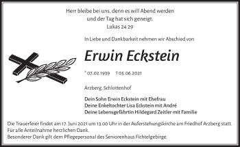Traueranzeige von Erwin Eckstein von Frankenpost