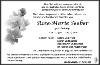 Traueranzeige von Rose-Marie Seeber von Südthüringer Presse