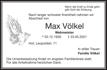 Traueranzeige von Max Völkel von Frankenpost