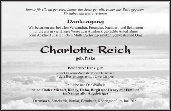 Traueranzeige von Charlotte Reich von Südthüringer Presse