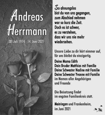 Traueranzeige von Andreas Herrmann von Südthüringer Presse