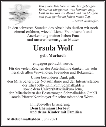 Traueranzeige von Ursula Wolf von Südthüringer Presse