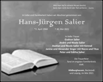 Traueranzeige von Hans-Jürgen Salier von Südthüringer Presse
