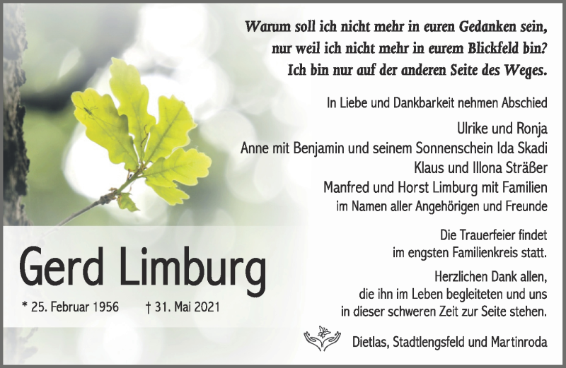  Traueranzeige für Gerd Limburg vom 05.06.2021 aus Südthüringer Presse
