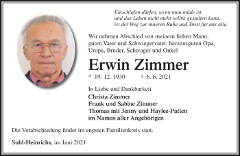 Traueranzeige von Erwin Zimmer von Südthüringer Presse