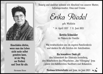 Traueranzeige von Erika Riedel von Südthüringer Presse