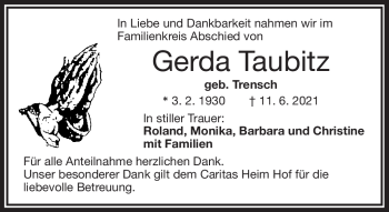 Traueranzeige von Gerda Taubitz von Frankenpost